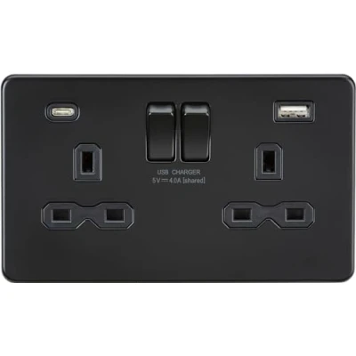 Image of KnightsBridge 13A 2G SP Screwless Switched Socket with Dual USB A+C Matt Black, Black Insert