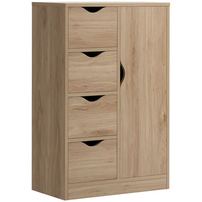 Image of HOMCOM Bathroom Floor Cabinet, Freestanding Storage Unit with 4 Drawers and Door Cupboard for Living Room, Kitchen, Bedroom, Natural