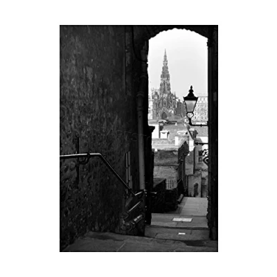 Image of Wee Blue Coo Photo Cityscape Edinburgh Royal Mile Lane Black White Wall Art Print