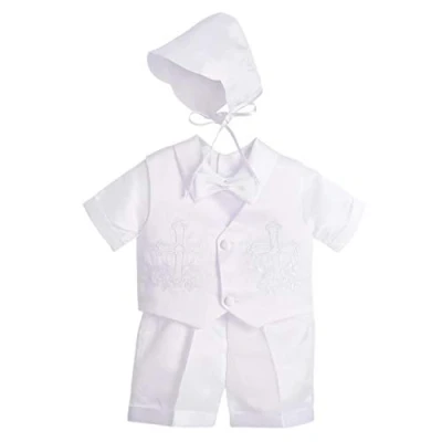 Image of Lito Angels Baby Boys Christening Clothing Baptism Outfits with Bonnet Short Sleeve White Suit Age 6 9 Months