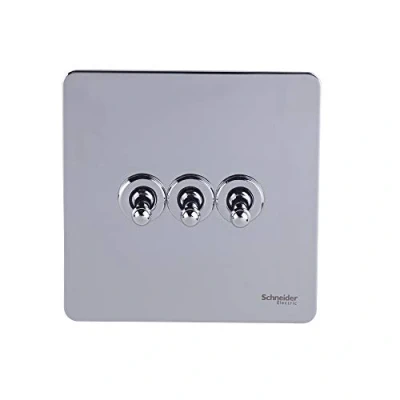 Image of Schneider Electric Ultimate Screwless Flat Plate 3 Gang Toggle 2 Way Light Switch, Single Pole, 16AX, GU1432TPC, Polished Chrome