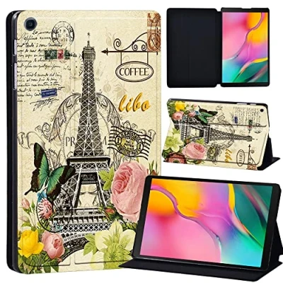 Image of Printed Leather slim lightweight Stand Cover Case for Samsung Galaxy Tab A 10.1 2019 (Model: SM T510 T515), with Function (Black) (retro eiffel tower)