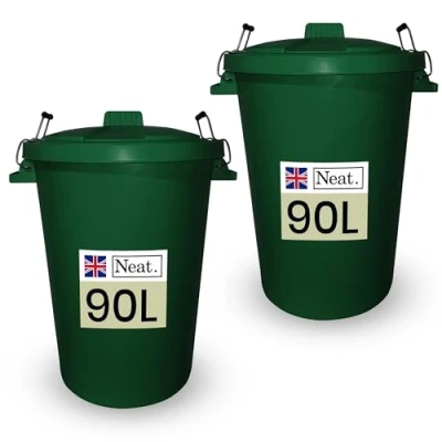 Image of Neat. 90L Bin Coloured Large Plastic Bins, Heavy Duty Kitchen with Metal Handle Dustbin Lid For Easy Refusal Garden Indoor Outdoor Rubbish Waste, Storage of Animal Feed, Dark Green 2Pack