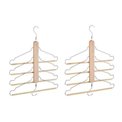 Image of Multi Clothes Hanger Pack of 2, Holder with 4 Flexible Coat Hangers, Organiser, Metal Hooks, Lotus, Natural Relaxdays