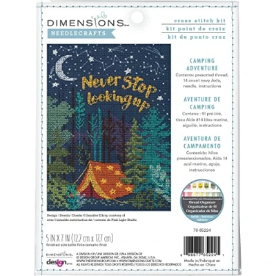 Image of Dimensions 70 65224 Nighttime Camping Adventure Counted Cross Stitch Kit for Beginners, 5&quot; x 7&quot;, 14 Cnt. Navy Aida, 4pcs