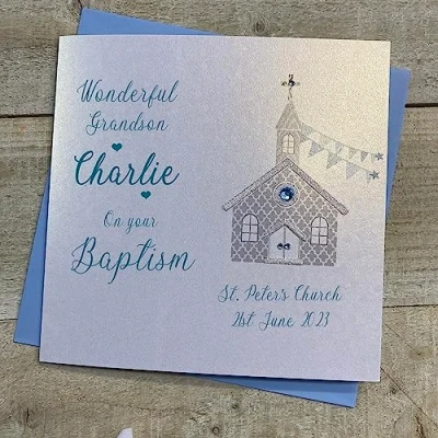 Image of White Cotton Cards GRANDSON PERSONALISED BAPTISM/CHRISTENING CARD, BLUE CHURCH DESIGN, HAND FINISHED (X) P23 16 GS