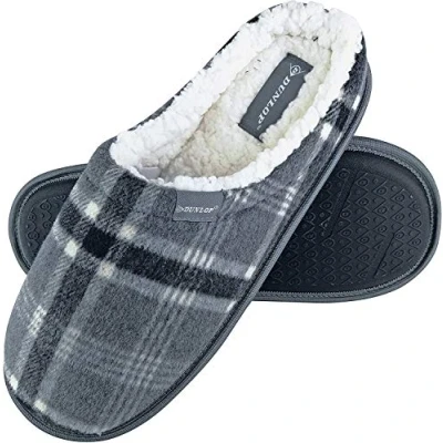 Image of DUNLOP Mens Warm Plush Fleece Lined Slip On Mule Checked Plaid House Slippers (8 UK, 7179 Grey)