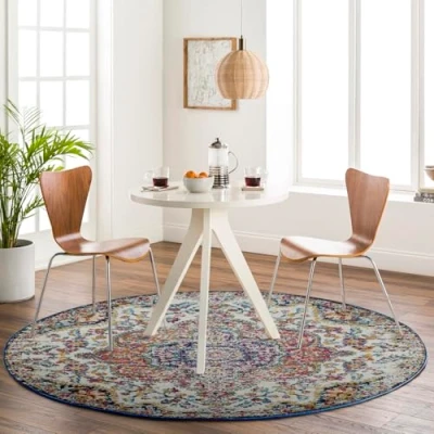 Image of Livabliss Rabat Vintage Rug Area Rugs Living Room 160 cm , Dining Floor, Kitchen, Traditional Multicoloured Boho Rug, Easy Care Pile, Bohemian Round Fuchsia, Orange and Blue