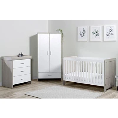 Image of Ickle Bubba Pembrey Nursery Furniture Set (3 Piece) Convertible Cot Bed Without Mattress, Changing Unit &amp; Wardrobe (Ash Grey White)