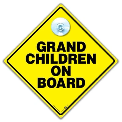 Image of Grandchildren on Board Car Sign, Baby Yellow and Black Suction Cup Vehicle Sign