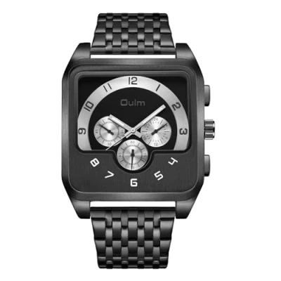 Image of JewelryWe Men Square Luminous Watch: Big Face Analog Quartz Movement Night Glow Casual Business Stainless Steel Band Large Dial Wristwatch