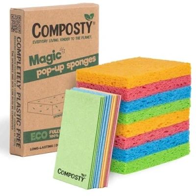 Image of Composty® &#039;Pop Up&#039; Eco Sponges 12 Pack Compostable Kitchen Sponge Biodegradable Washing Up Zero Waste Plastic Free Natural Cellulose Long Lasting 4 Colours One Tree Planted