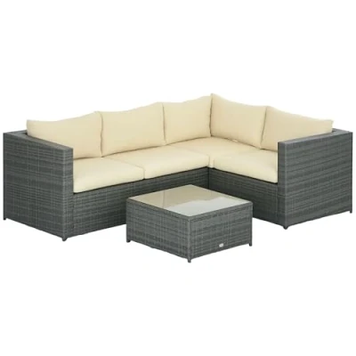 Image of Outsunny 3 Pieces PE Rattan Garden Furniture Set with 10cm Thick Cushions, 4 Seater Outdoor Patio Corner Sofa Glass Top Coffee Table, Beige