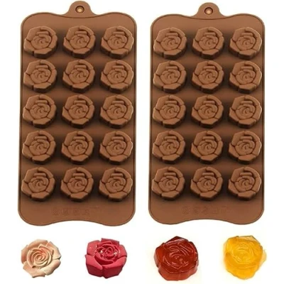 Image of BURRSJ Rose Flower Shaped Silicone Chocolate Mold Valentines Candy 2PCS 15 Cavity Ice Cube Tray Wax Melt