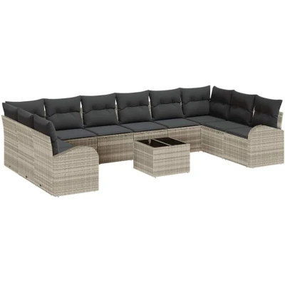 Image of vidaXL 11 Piece Garden Sofa Set with Cushions Grey Poly Rattan