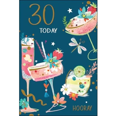 Image of Jonny Javelin Female 30th Birthday Card Happy Age 30 with Floral Cocktails Design and Embossed Foil Details for Women
