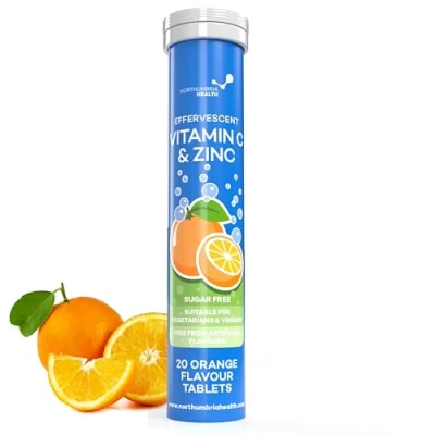 Image of Effervescent Vitamin C 1000mg with Zinc 15mg, 20 Orange Flavoured Tablets, High Strength, Immune Support, Essential for Collagen Formation, Vegan, Made by Northumbria Health