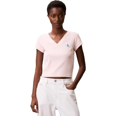 Image of Calvin Klein Jeans Woven Label V NECK TEE Basic Tshirt, Women&#039;s, Size: XXS, Cloud pink