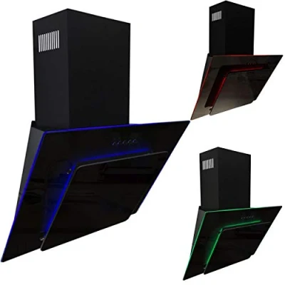 Image of SIA AGE61BL 60cm Black Glass Angled Kitchen Cooker Hood Chimney Extractor Fan With Red Blue And Green LED Edge Lit Mood Lighting
