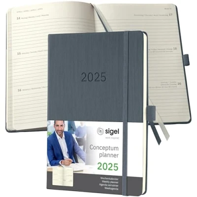 Image of SIGEL C2566 Conceptum Weekly Planner 2025, Approx. A5, Dark Grey, hardcover, 2 Pages = 1 Week, 192