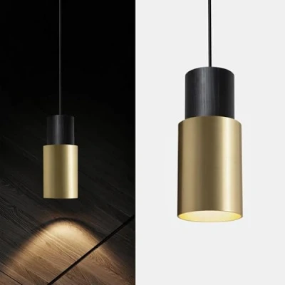 Image of ouglres Black Gold Hanging Lamp, 1 Flame Wood, Industrial Cylinder Lamp Kitchen Island Aluminium Lampshade, Vintage E27 for Bedroom, Dining Room, Bar, Adjustable Height