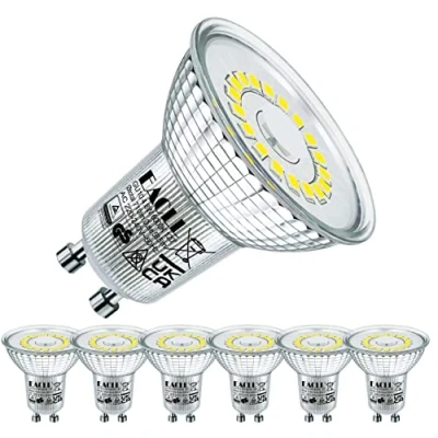 Image of EACLL GU10 LED Bulbs Cool White 4.8W Equivalent 75W Halogen, Pack of 6, 710 Lumen 6000K Reflector Lamp, AC 230V Flicker Free Spotlight, 120 Wide Beam Angle, Non Dimmable Energy Saveing Light