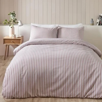 Image of Catherine Lansfield Brushed Stripe Cotton Reversible King Duvet Cover Set with Pillowcases Blush Pink