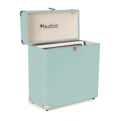 Image of Audizio RC32 Vinyl Record Storage Case Stylish LP Case, Durable Holder with Soft Flannel Lining, Holds 30 35 Records, Sturdy Handle, Metal Latch &amp; Hinge, Light Blue Finish