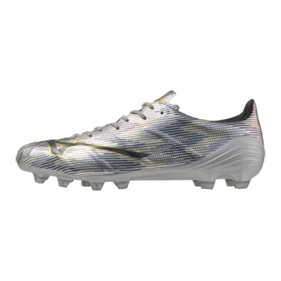 Image of Mizuno Alpha II Elite Unisex Moulded stud football boots, Size: 9, Galaxy silver/gold Synthetics