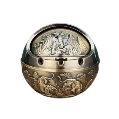 Image of Metal Ashtray with Lids, Windproof, Cigarette for Indoor or Outdoor Use，Ash Holder Smokers,Desktop Smoking Ash Tray Home Office Decoration (Bronze Tiger)