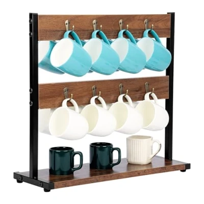 Image of BELLE VOUS Wooden Mug Tree Cup Holder Vintage Coffee Station/Coffee Bar Storage Stand Kitchen Organiser with 16 Hooks