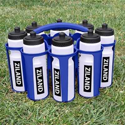 Image of Ziland Academy Easy Squeeze Water Bottle Set [8 x 700ml Bottles 1 Carrier] [Choose Your Colour] Designed for Sport Teams (Clear Blue Carrier)