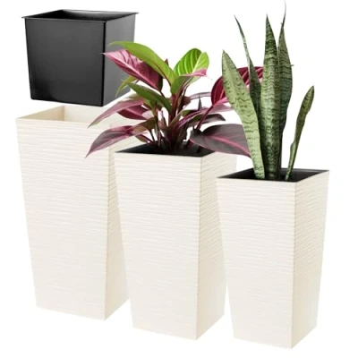Image of KADAX Tall Planter Set, Lightweight Plastic Flowerpot for Garden, Balcony, Large Weatherproof Plant Pot Outdoor and Indoor Use (Cream, Set of 3)