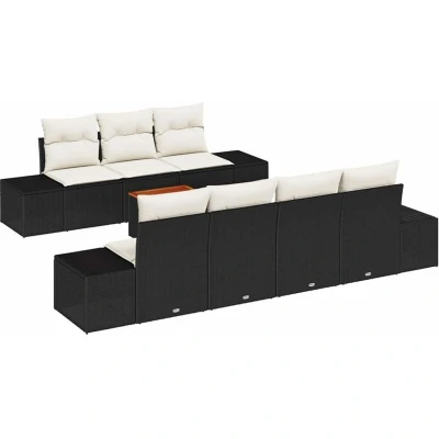 Image of vidaXL 8 Piece Garden Sofa Set with Cushions Black Poly Rattan Acacia