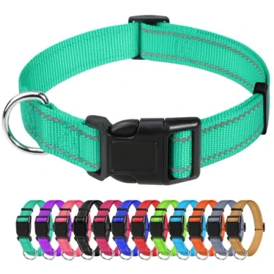 Image of TagMe Reflective Nylon Dog Collars, Adjustable Classic Collar with Quick Release Buckle for Large Dogs, Turquoise, 2.5 cm Width