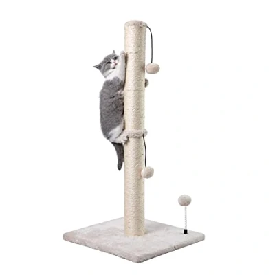 Image of MECOOL 34 Tall Cat Scratching Post Premium Basics Kitten Scratcher Sisal Scratch Posts Trees with Hanging Ball for Indoor Cats, Beige