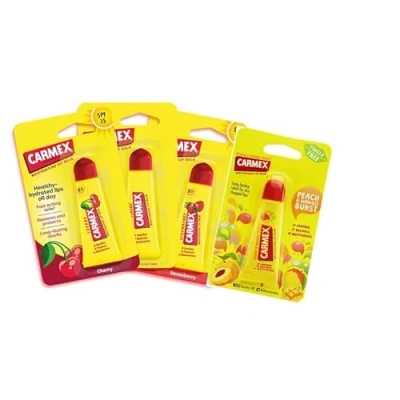 Image of Carmex Lip Balm, 4 Piece Mixed Pack, Cherry, Classic, Strawberry &amp; Peach Mango, SPF15, 10g