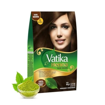 Image of Dabur Vatika Henna Dark Brown Hair Colour Powder 60g(6 x 10g Sachets),Goodness of Natural Henna, 100% Ammonia Free &amp; Grey Coverage, Protects Gives Shine
