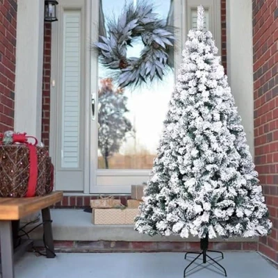Image of SHATCHI 6Ft/1.8m Yukon Pine Artificial Green Christmas Tree Snow Flocked 550 Tips Branches Snowy Bushy Xmas Home Decorations, Metal Stand, Polyvinyl Chloride, 180cm