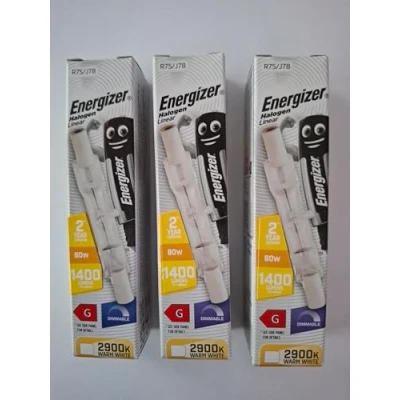Image of Energizer R7S J78 80w Watt Linear Eco Halogen Light Bulbs Pack of 3 Warm White, dimmable Used in Security floodlights, uplighters and Floor Lamps.Pack