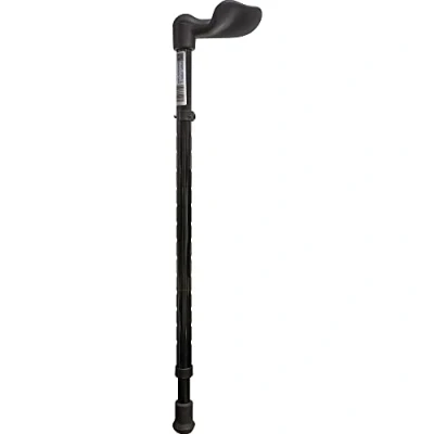 Image of Ergonomic Handled Walking Stick Right Handed Palm Grip Telescopic Height 14 Settings Non Slip Rubber Ferrule Gloss Black