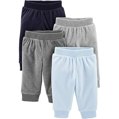 Image of Simple Joys by Carter&#039;s Baby 4 Pack Fleece Pants Casual, Dark Grey/Grey Heather/Light Blue/Navy, 0 Months (Pack of 4)