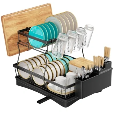 Image of TidyIsles Dish Drainer Rack 2 Tier Space Saving with Utensil Holder, for Kitchen Counter, Sink Drain Board Rack, Black