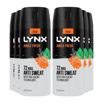 Image of Lynx Antiperspirant Jungle Fresh 72H Long Lasting Sweat and Odour Protection Deodorant Spray for Men with Unique Scent of Palm Leaves Amber, 150ml Pack 6