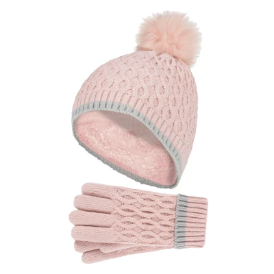 Image of HEAT HOLDERS Girls Thermal Insulated Pom Bobble Beanie Hat and Gloves Colourful Pastel Styles (7 10 Years, Dusky Pink)