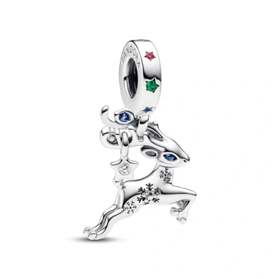 Image of Pandora Moments Magic reindeer sterling silver dangle with stellar blue and royal green crystal red clear cubic zirconia