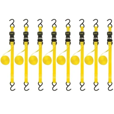 Image of Stanley S1000 Black/Yellow 1&quot; x 10&#039; Ratchet Tie Down Straps Light Cargo Hauling (1,500 lbs Break Strength), 8 Pack
