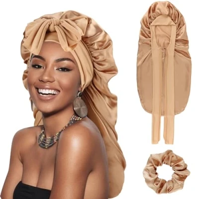Image of DRESHOW Long Satin Braid Bonnet for Women Silk Sleeping Sleep Cap with Elastic Tie Band Night Curly Hair Locs