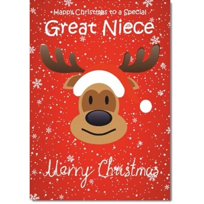 Image of doodlecards Great Niece Christmas Card Rudolph on Red Background Medium Size with Plain Envelope, 21 x 15cm