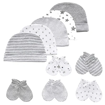 Image of Baby Hat and Mittens, Newborn Set, 5 Hats Pairs Mittens for Babies, Boys, Girls, Ages 0 6 Months, 100% Cotton, Grey